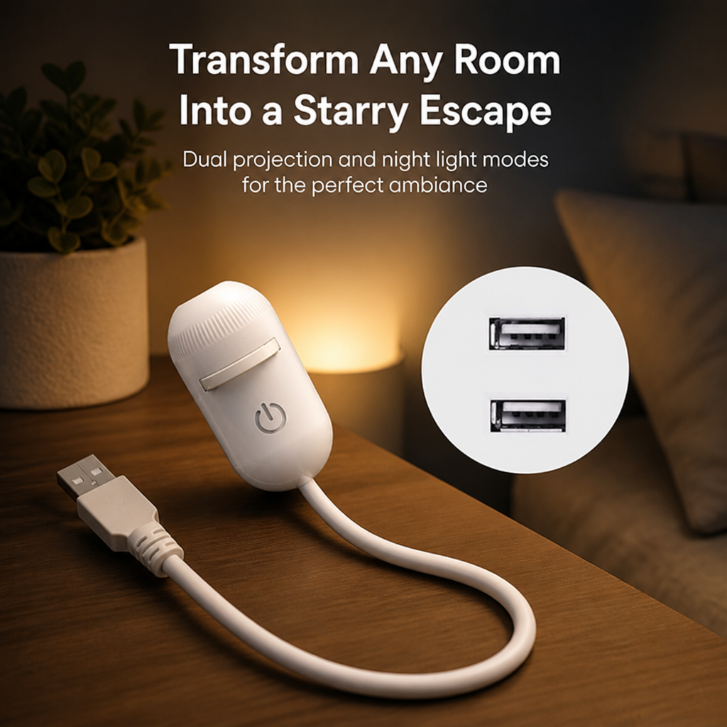 Projektor gwiazd i ciepła lampka nocna 2 w 1 z wymiennymi foliami, zasilany z USB
