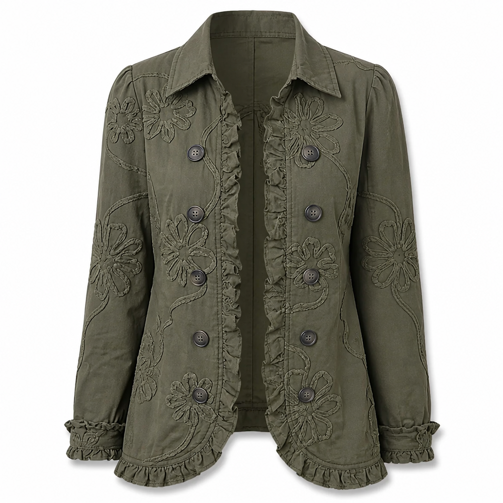 Kurtka utility z haftem kwiatowym – styl vintage boho z falbankami