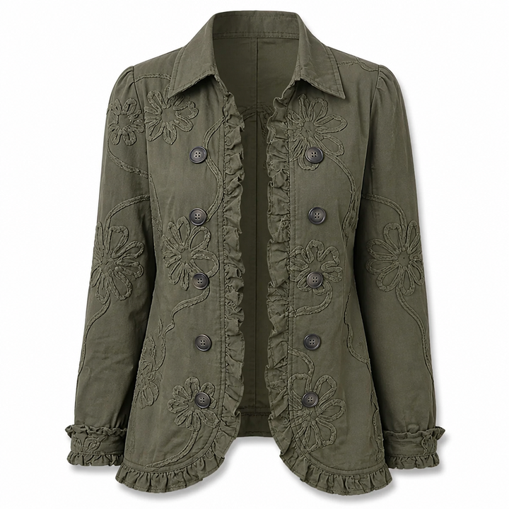 Kurtka utility z haftem kwiatowym – styl vintage boho z falbankami