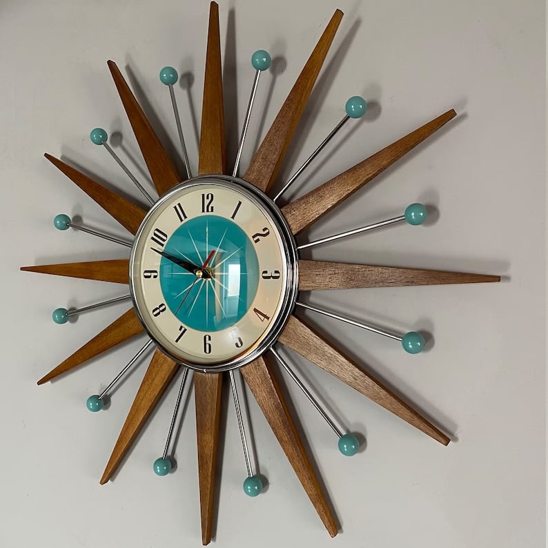 Ręcznie wykonany zegar ścienny w stylu mid-century | Retro dekoracja ścienna, cichy i zasilany bateryjnie