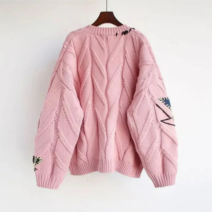 Sweter z Wysokim Dekoltem Damski z Haftem Patchwork