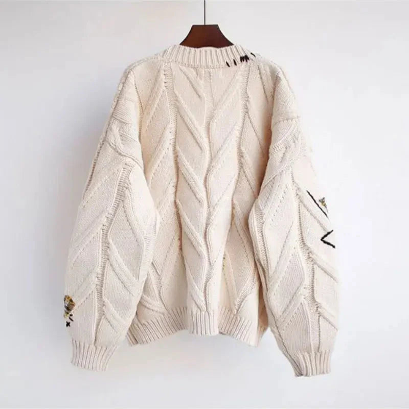 Sweter z Wysokim Dekoltem Damski z Haftem Patchwork