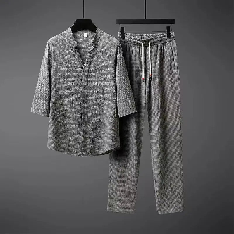 Vintage Linen Tracksuit Męski 2-Częściowy Zestaw Klasyczny Komfort z Nowoczesnym Twist