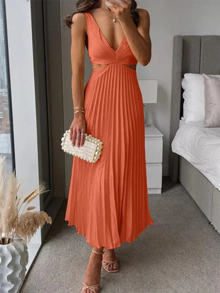 Elegancka Sukienka Bez Rękawów z Otwarty Plecami Graceful Sophistication na Ciepłe Pory Roku