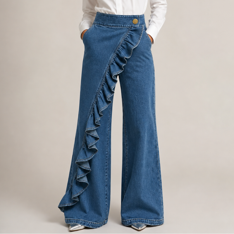 Damskie szerokie spodnie jeansowe z asymetryczną falbaną, w stylu culotte