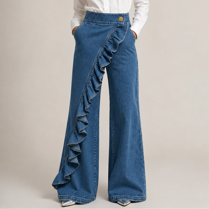 Damskie szerokie spodnie jeansowe z asymetryczną falbaną, w stylu culotte