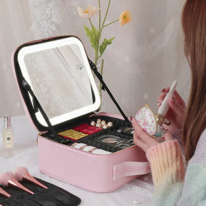 GlowLuxe LED Vanity Case | przenośny organizer kosmetyczny z regulowanym lusterkiem LED do bezbłędnego makijażu