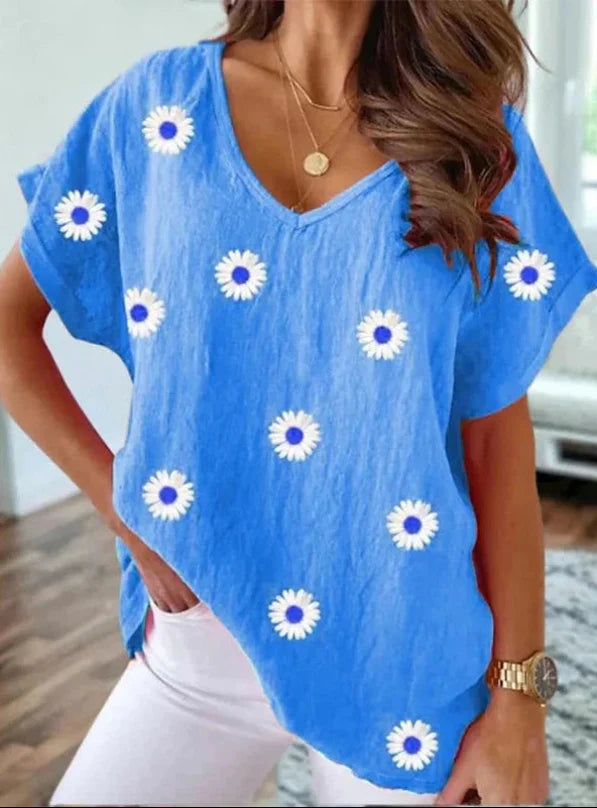 Casual T-shirt V-neck z drukiem kwiatowym 3D