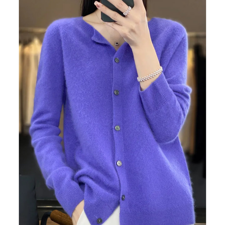 Damski kardigan z wełny merino i kaszmiru – elegancki zimowy sweter z okrągłym dekoltem