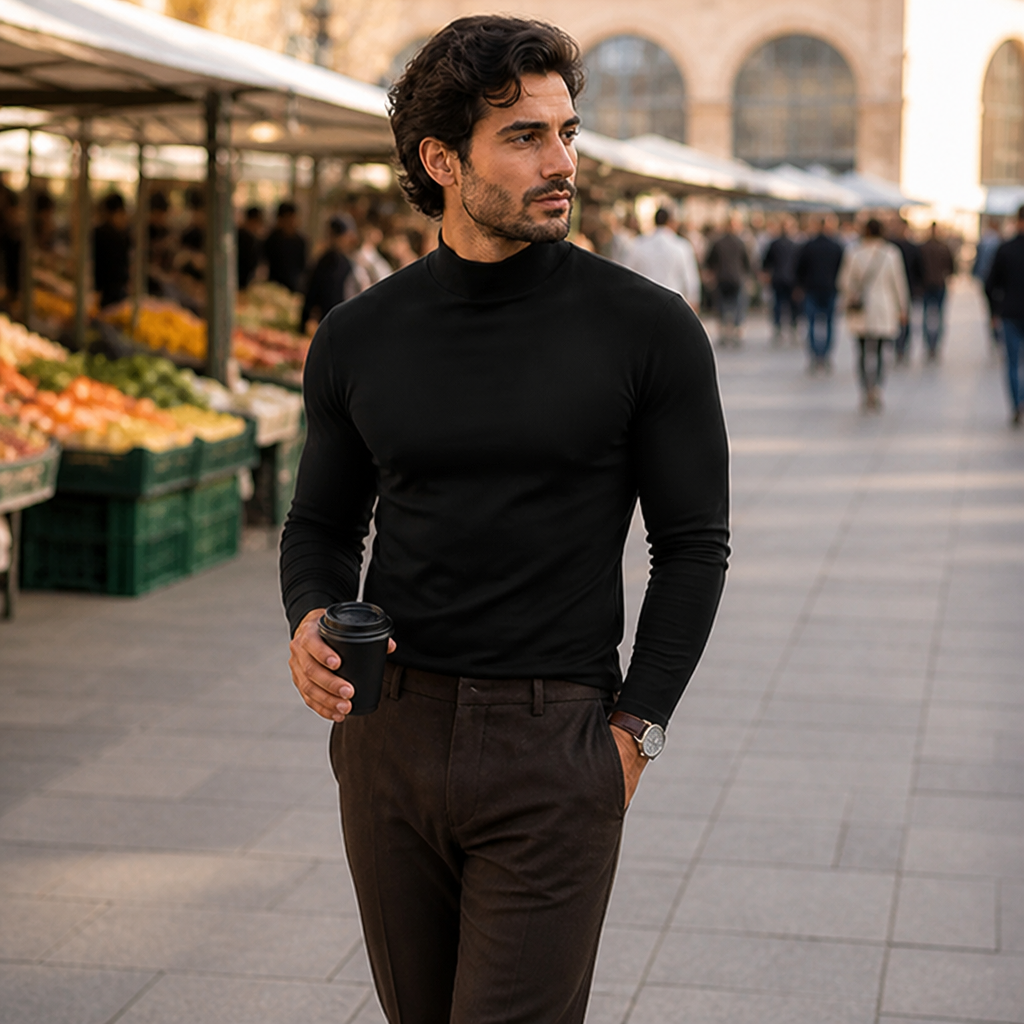 Męska koszulka slim fit z długim rękawem i wysokim, odwijanym kołnierzem