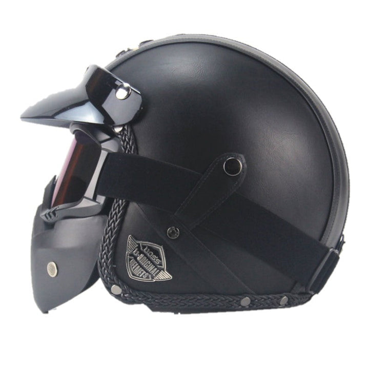 Kask motocyklowy vintage z ekoskóry PU z osłoną i goglami