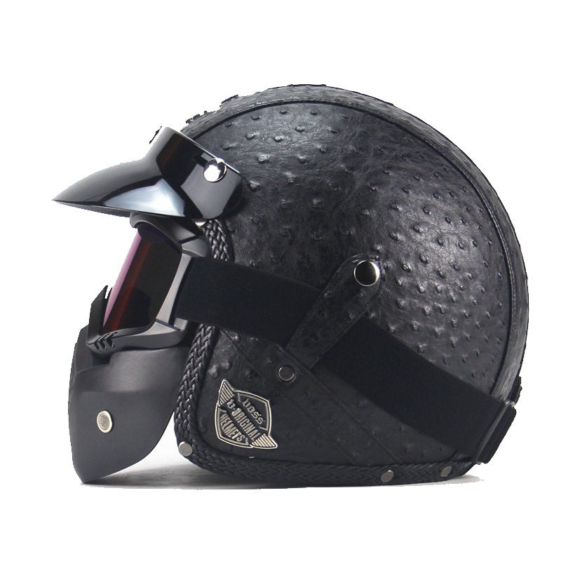 Kask motocyklowy vintage z ekoskóry PU z osłoną i goglami