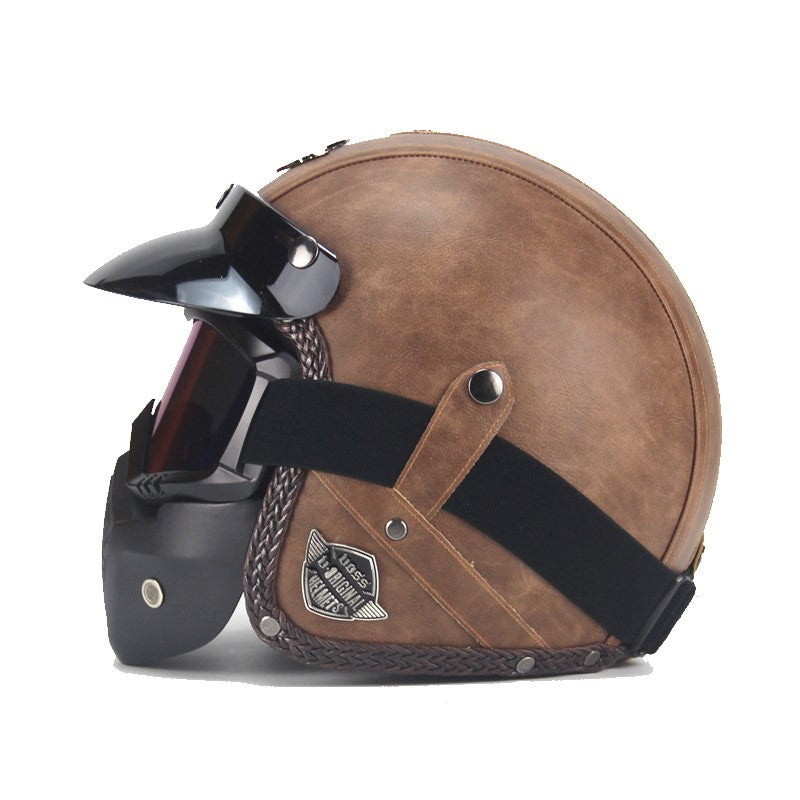 Kask motocyklowy vintage z ekoskóry PU z osłoną i goglami