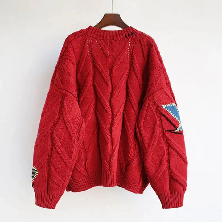 Sweter z Wysokim Dekoltem Damski z Haftem Patchwork