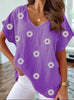Casual T-shirt V-neck z drukiem kwiatowym 3D