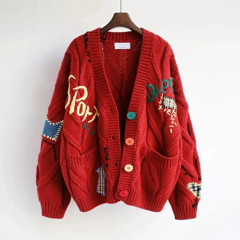 Sweter z Wysokim Dekoltem Damski z Haftem Patchwork