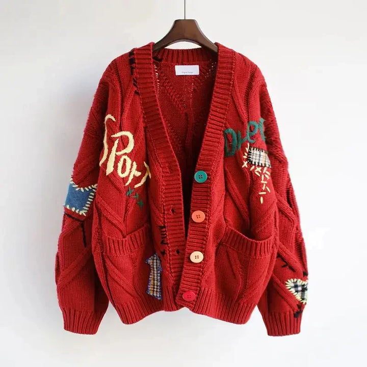 Sweter z Wysokim Dekoltem Damski z Haftem Patchwork