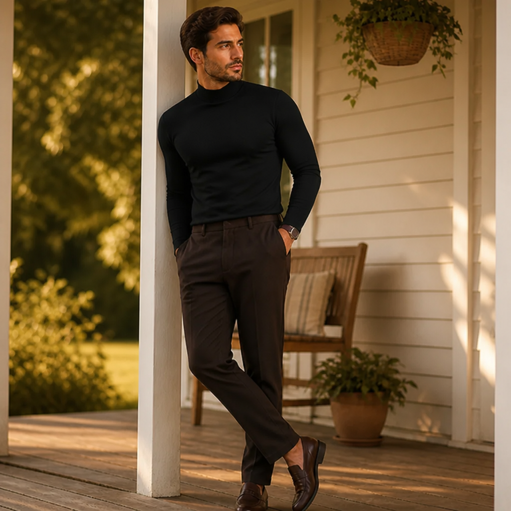 Męska koszulka slim fit z długim rękawem i wysokim, odwijanym kołnierzem