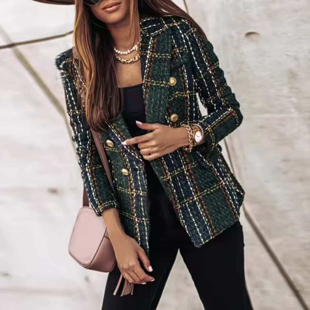 Elegancki Wzorowany Damski Blazer z Złotymi Guzikami