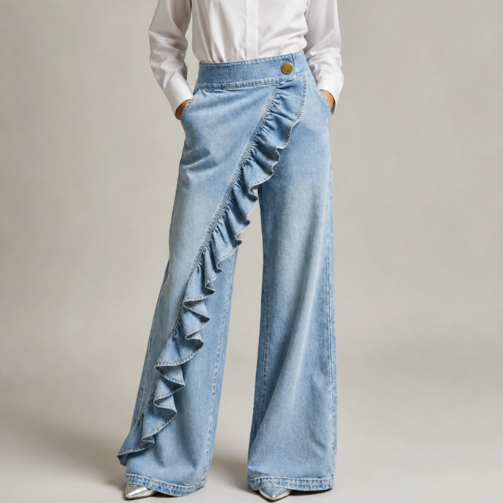 Damskie szerokie spodnie jeansowe z asymetryczną falbaną, w stylu culotte