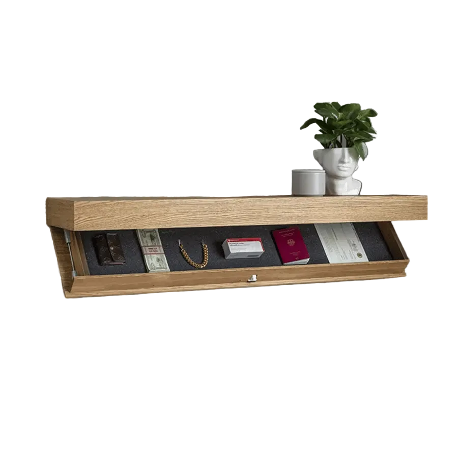 Półka ścienna z litego drewna z ukrytą szufladką | minimalistyczny design