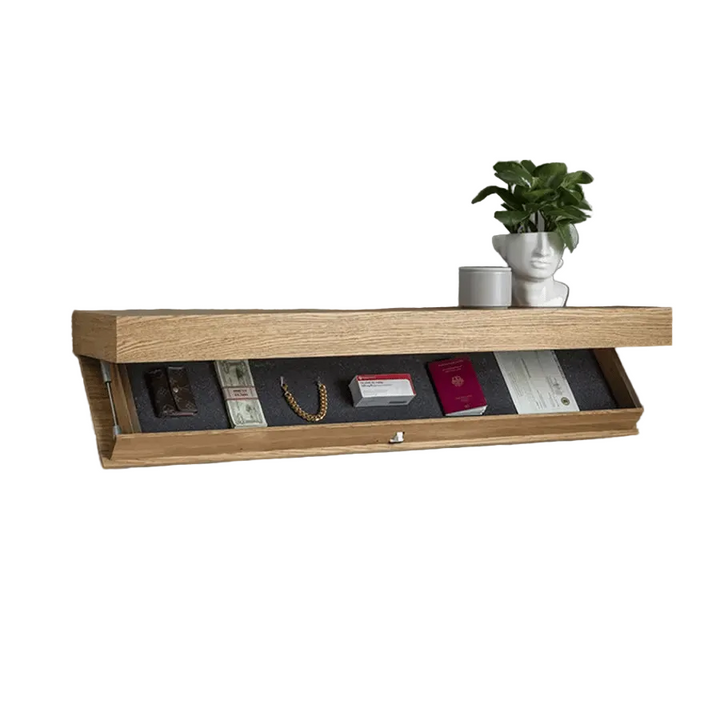 Półka ścienna z litego drewna z ukrytą szufladką | minimalistyczny design