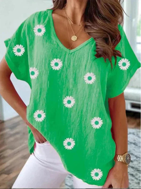 Casual T-shirt V-neck z drukiem kwiatowym 3D