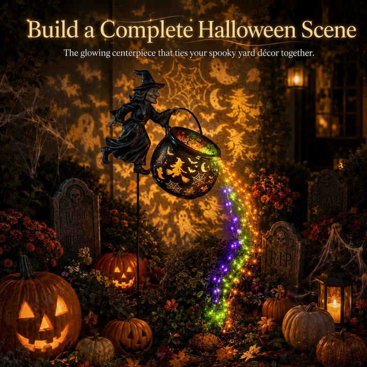 Halloweenowa lampa ogrodowa w kształcie kotła czarownicy z kolorową poświatą i przerażającymi projekcjami