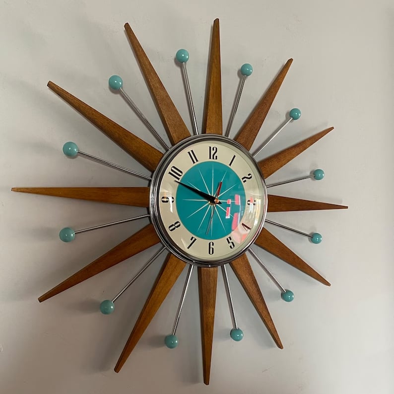 Ręcznie wykonany zegar ścienny w stylu mid-century | Retro dekoracja ścienna, cichy i zasilany bateryjnie