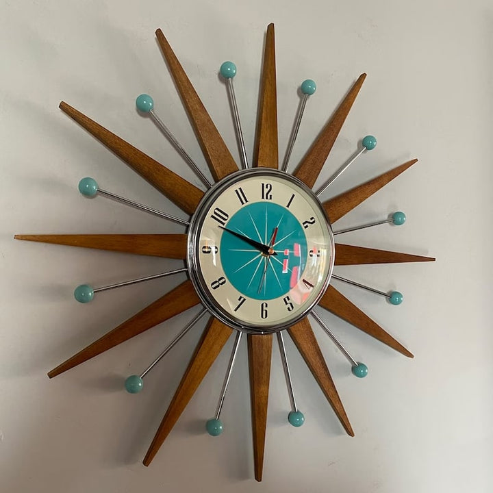 Ręcznie wykonany zegar ścienny w stylu mid-century | Retro dekoracja ścienna, cichy i zasilany bateryjnie