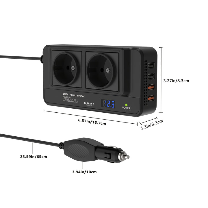 Kompaktowa przetwornica samochodowa 200 W – podwójne gniazda i cztery porty USB