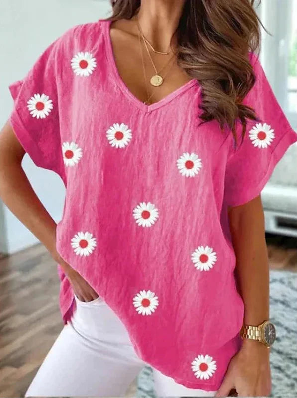 Casual T-shirt V-neck z drukiem kwiatowym 3D