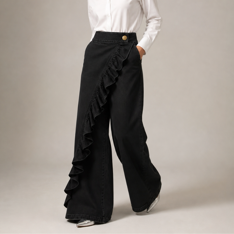 Szerokie damskie jeansy z asymetryczną falbaną w stylu culotte.