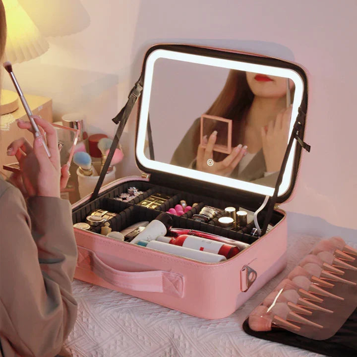 GlowLuxe LED Vanity Case | przenośny organizer kosmetyczny z regulowanym lusterkiem LED do bezbłędnego makijażu