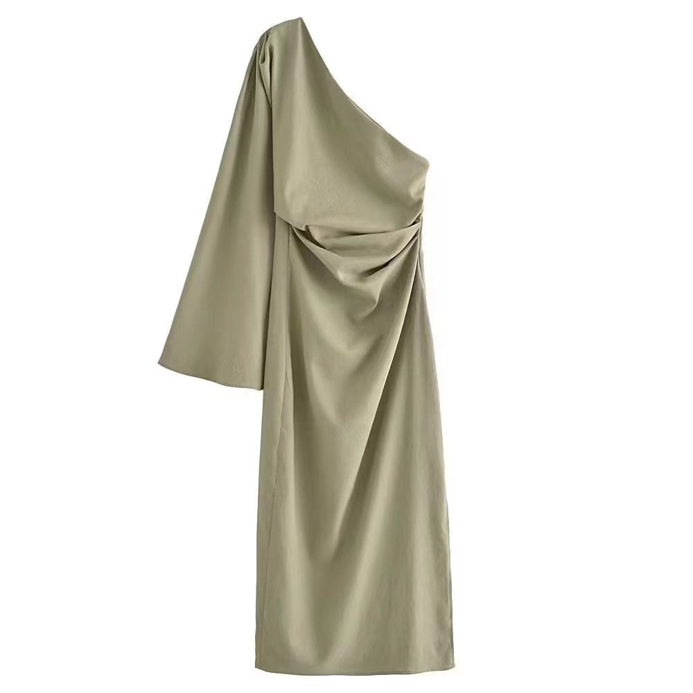 Oblique One-shoulder Silk Twill Texture Slim Dress