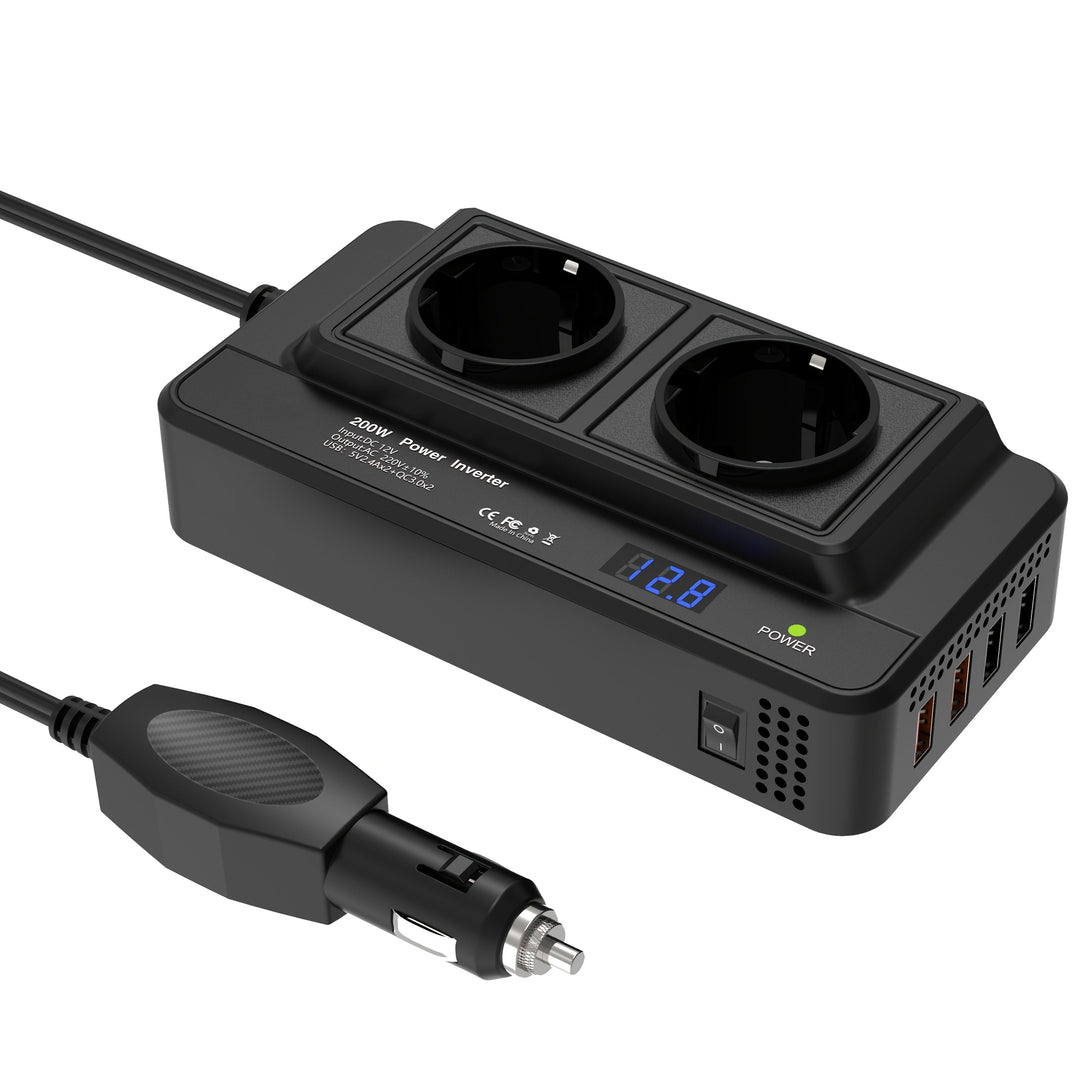 Kompaktowa przetwornica samochodowa 200 W – podwójne gniazda i cztery porty USB