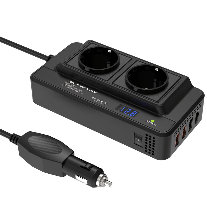 Kompaktowa przetwornica samochodowa 200 W – podwójne gniazda i cztery porty USB