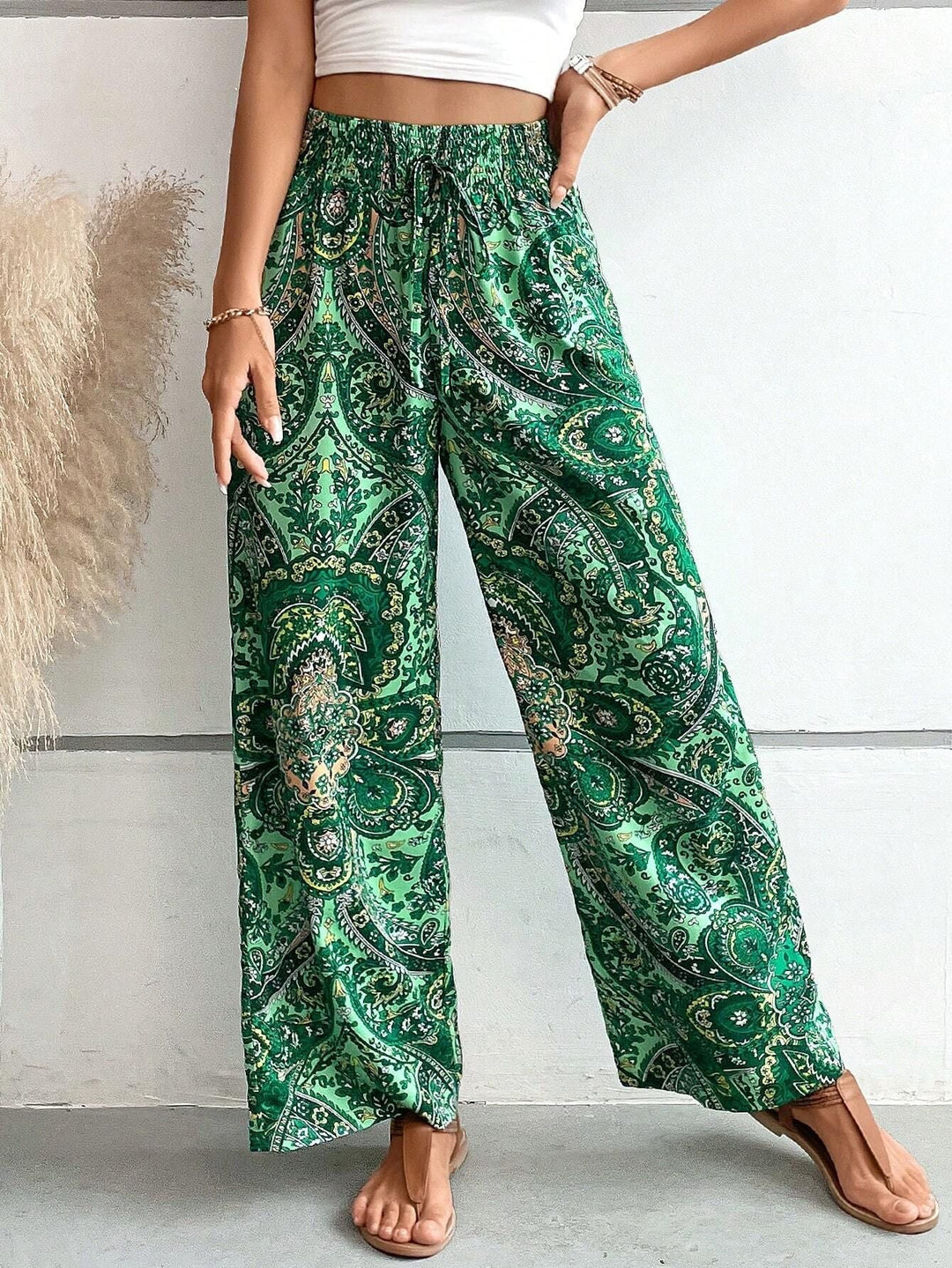 Boho Szerokie Spodnie Damskie z Ukosnymi Kieszeniami