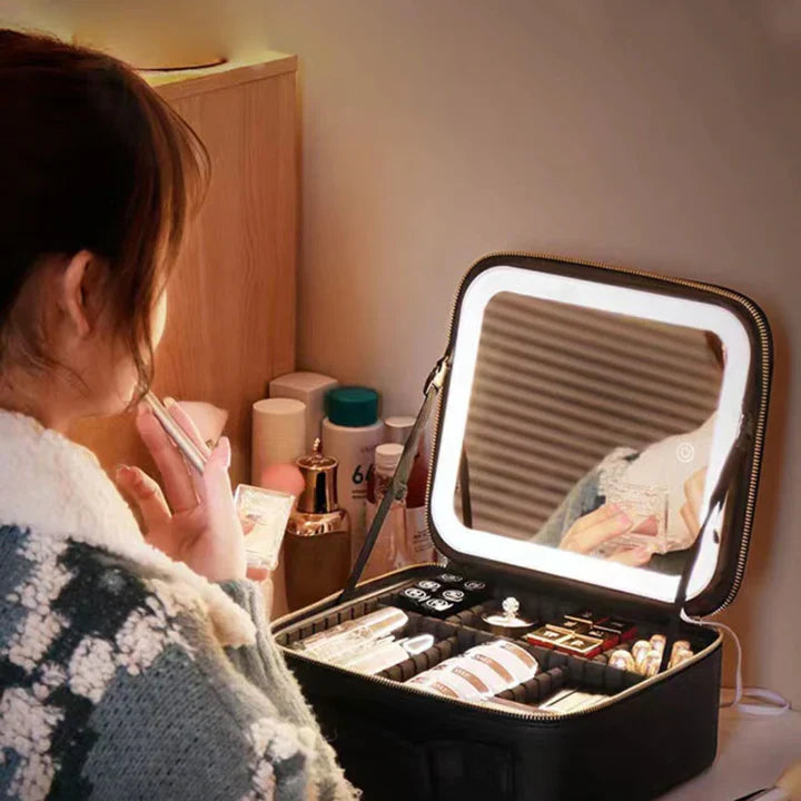 GlowLuxe LED Vanity Case | przenośny organizer kosmetyczny z regulowanym lusterkiem LED do bezbłędnego makijażu