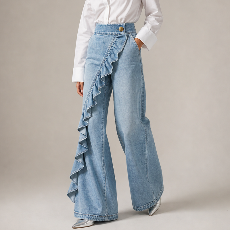 Szerokie damskie jeansy z asymetryczną falbaną w stylu culotte.