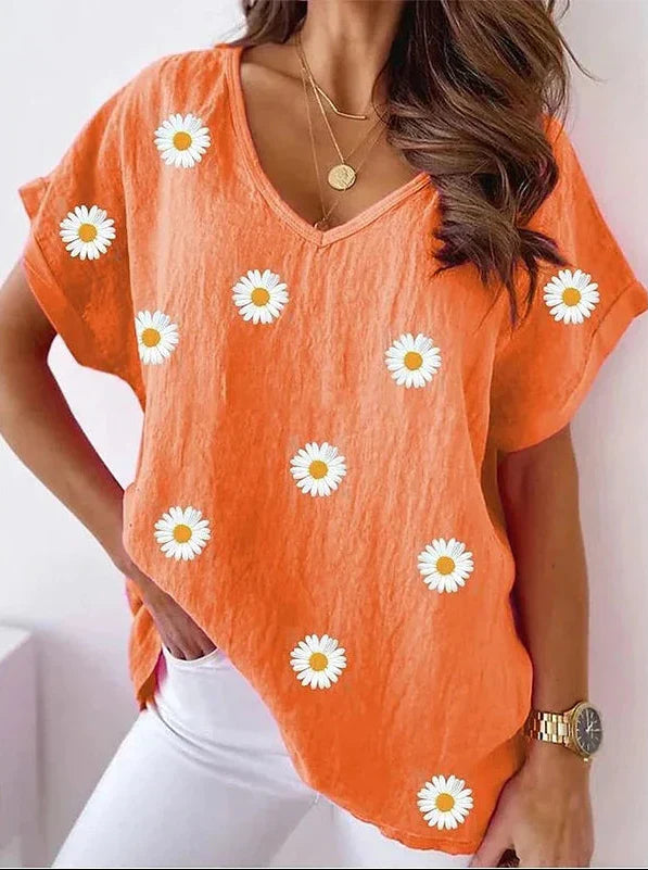 Casual T-shirt V-neck z drukiem kwiatowym 3D