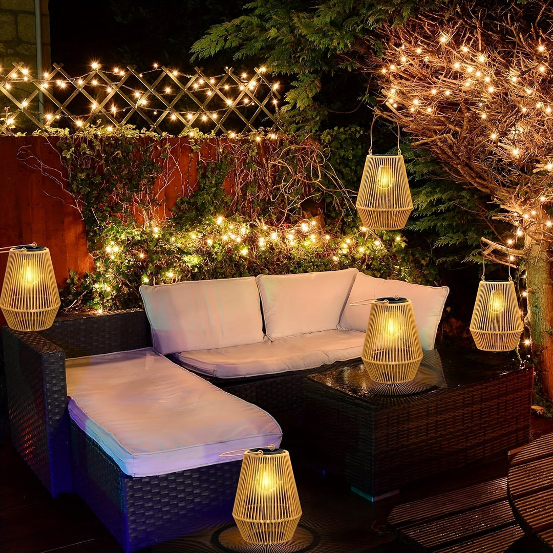 Zestaw solarnych wiszących lampionów boho – zrównoważone lampiony z wikliny do ogrodu i na balkon