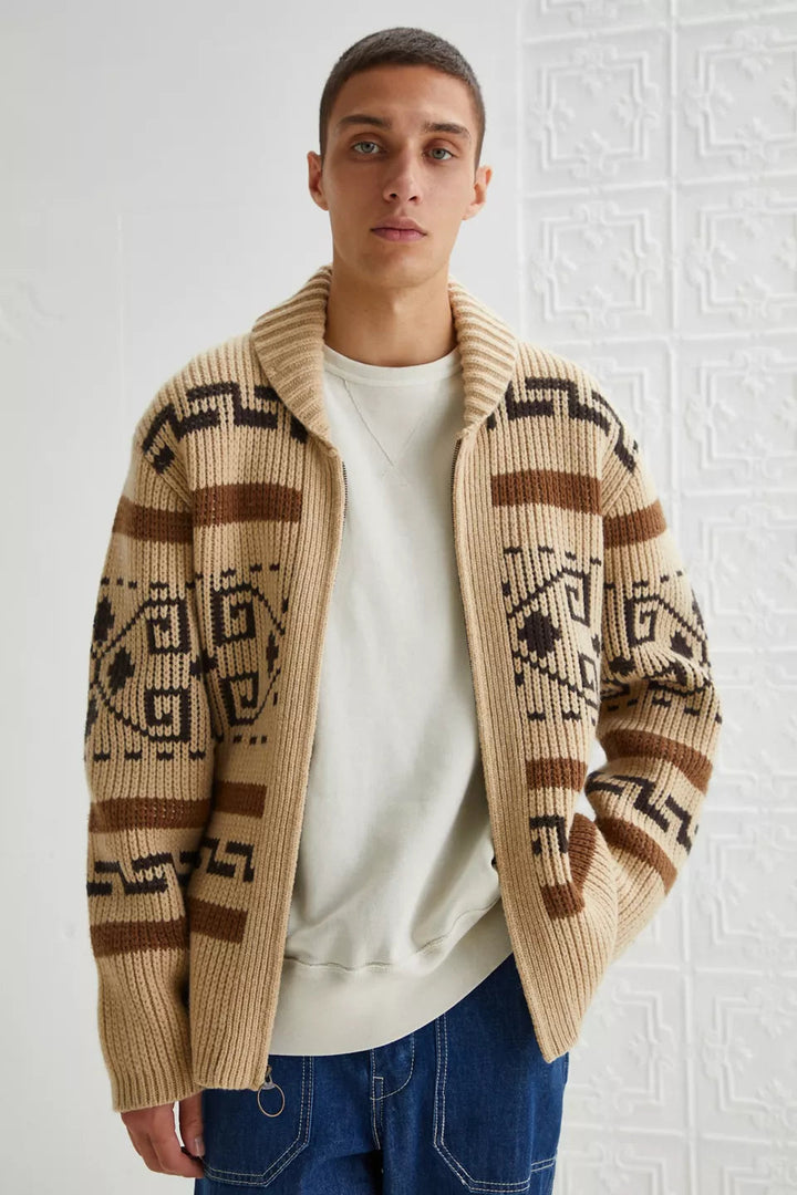 Vintage Jakardowy Sweter Męski z Zipperem - Ponadczasowy Styl Spotyka Nowoczesny Komfort