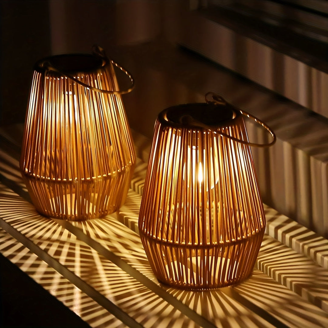 Zestaw solarnych wiszących lampionów boho – zrównoważone lampiony z wikliny do ogrodu i na balkon