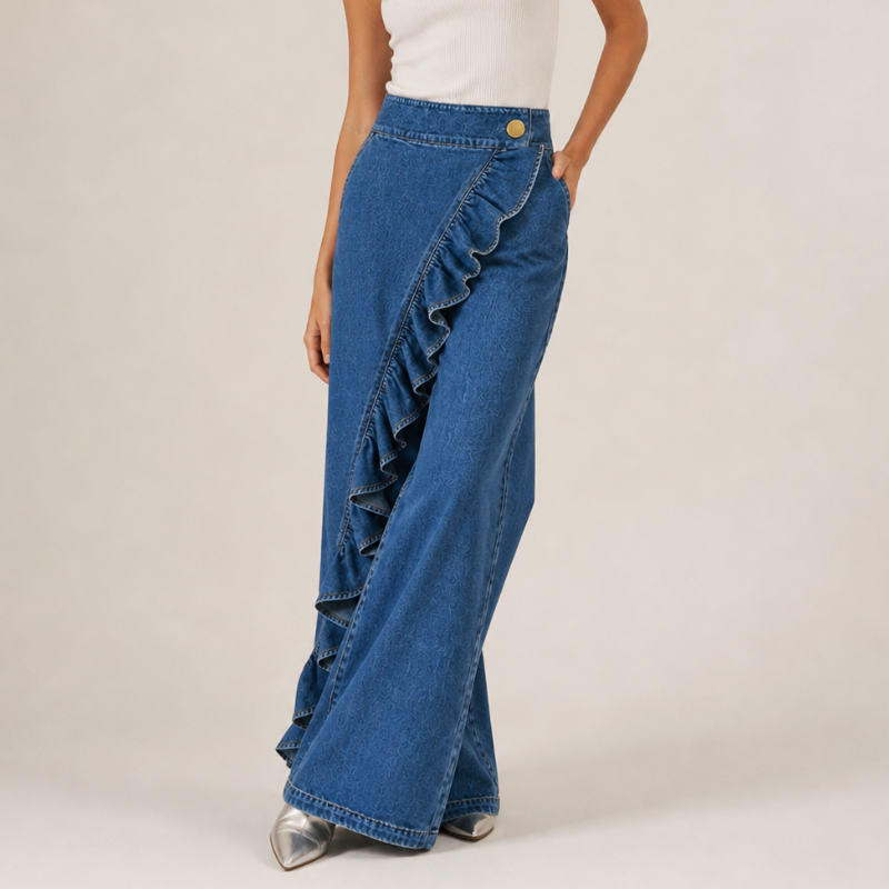 Szerokie damskie jeansy z asymetryczną falbaną w stylu culotte.