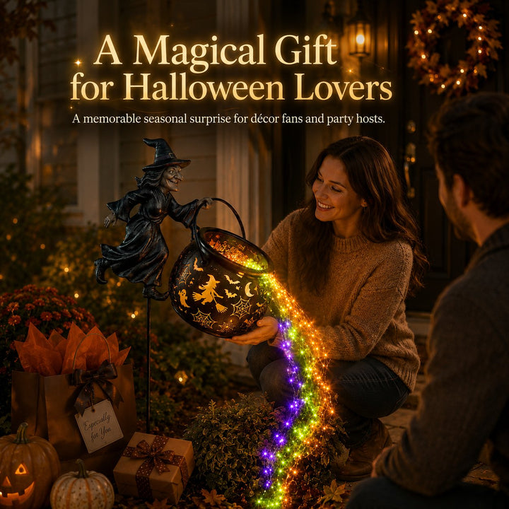 Halloweenowa lampa ogrodowa w kształcie kotła czarownicy z kolorową poświatą i przerażającymi projekcjami