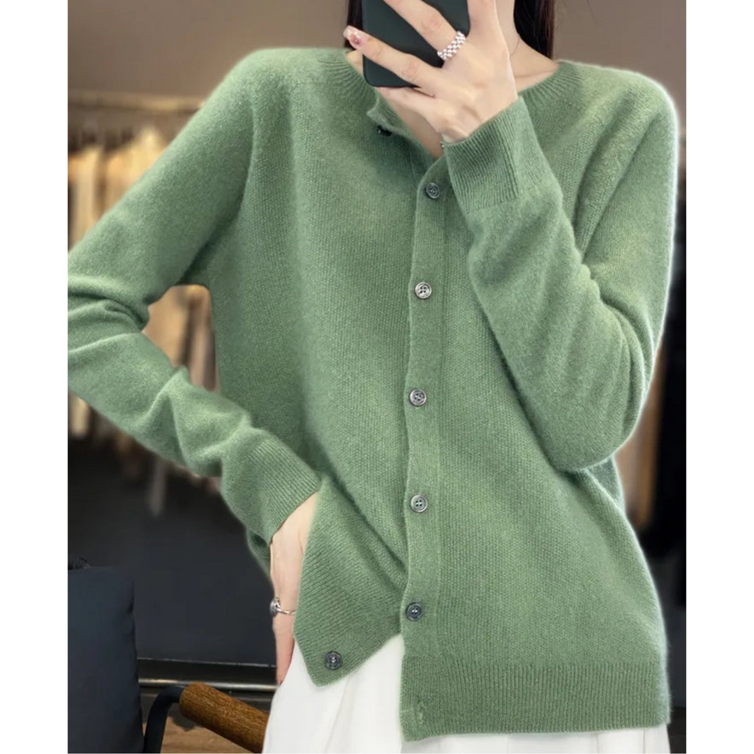 Damski kardigan z wełny merino i kaszmiru – elegancki zimowy sweter z okrągłym dekoltem