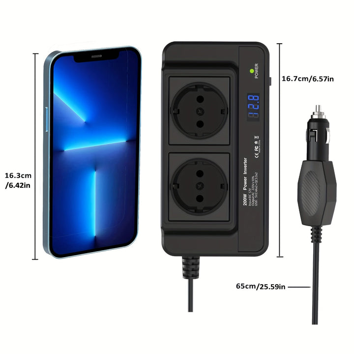 Kompaktowa przetwornica samochodowa 200 W – podwójne gniazda i cztery porty USB