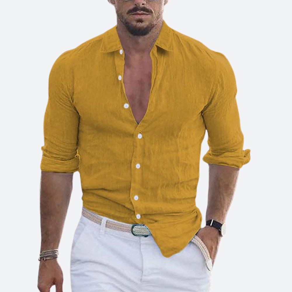 Męska lniana koszula slim fit z otwartym kołnierzem, letnia koszula zapinana na guziki