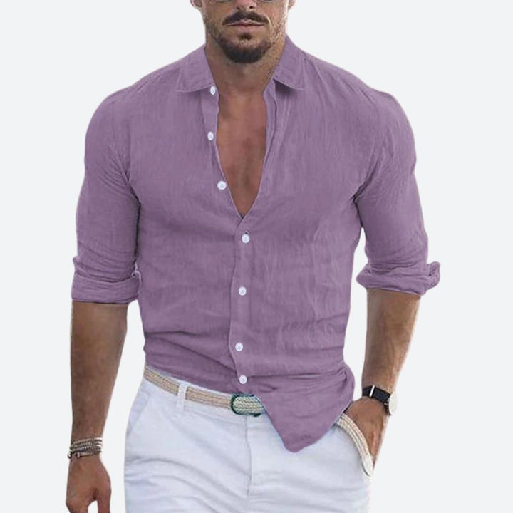 Męska lniana koszula slim fit z otwartym kołnierzem, letnia koszula zapinana na guziki